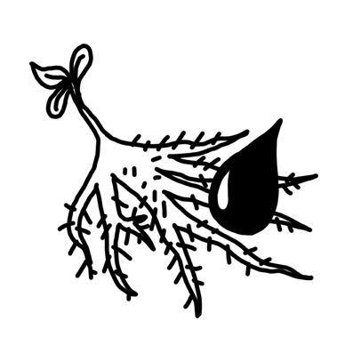 Ilustración en blanco y negro de un grupo de raíces con una gota oscura cayendo sobre ellas