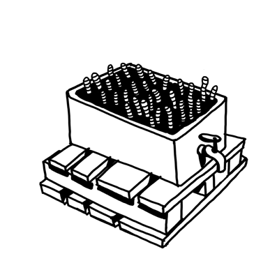 Ilustración en blanco y negro de contenedor industrial sobre pallet