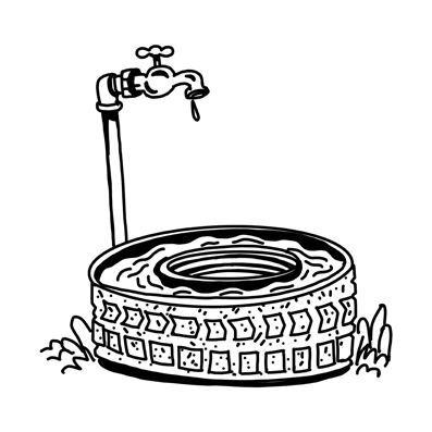 Ilustración en blanco y negro de un neumático recostado de manera horizontal en el suelo, sin uno de sus lados. Tiene agua en su interior y una llave de agua en el costado izquierdo y agua