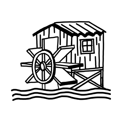 Ilustración en blanco y negro de una casa con un molino de 8 puntas al frente y agua fluyendo bajo él
