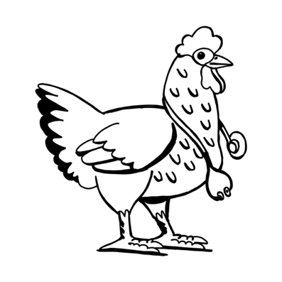 Ilustración en blanco y negro de gallina con estestoscopio en el cuello