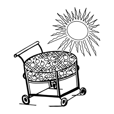 Ilustración en blanco y negro de un carro con 4 ruedas y mango, con tomates en su interior. El sol está sobre él.